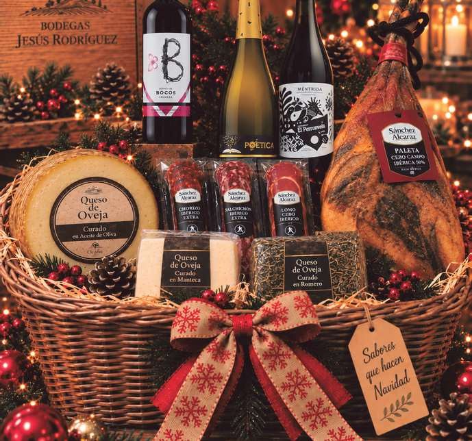 Cesta de Navidad 2026 N.º 9 de Bodegas Jesús Rodríguez con jamón, quesos y vinos